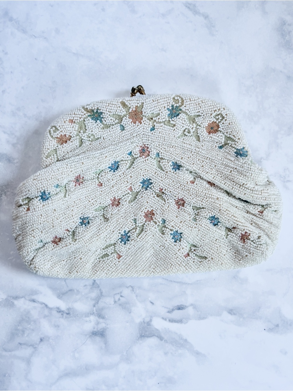 Vintage Beaded Floral Clutch Handbag in Ivory